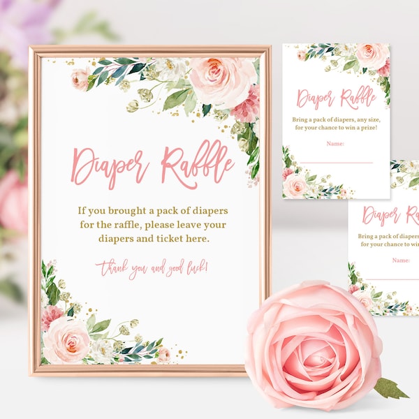 Blush Pink Floral Baby Shower Diaper Raffle Sign Tickets Diaper Raffle Set Boho Girl Shower game Activity Editable Printable Download Bab158