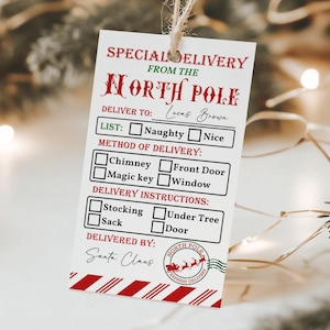 Sjabloon Noordpool speciale bezorging bewerkbare cadeaukaartjes kerstman Noordpool cadeaukaartje Afdrukbare kerstkaartjes van de kerstman Download Cht75