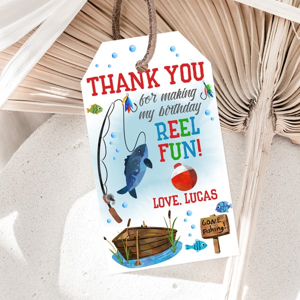 Fishing Birthday tag Fishing Favor Tags Thank You Label Fishing Party Decor The big One Boy 1st Reel fun Editable Printable Download Bir243