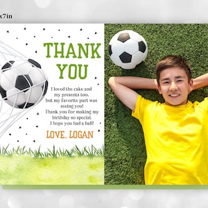 Tarjeta de agradecimiento de cumpleaños de fútbol Tarjeta de agradecimiento de fiesta de fútbol Foto de deportes de fútbol Niño Niña Digital Editable Imprimible Descargar Bir245