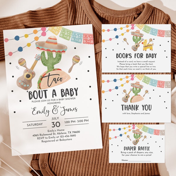 Editable Fiesta Baby shower Invitation Set Taco Bout Baby Cactus baby shower Invite set Gender Neutral Mexican Fiesta Printable Bab243