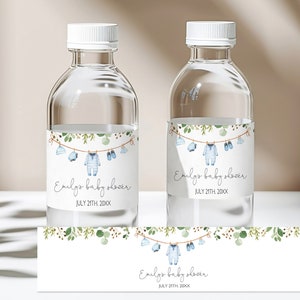 Etichetta per bottiglia d'acqua per vestiti per bambini, modello per etichetta per bottiglia d'acqua per baby shower, modello Boho Boy blu verde, modificabile, stampabile, download Bab214