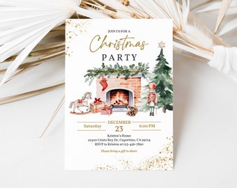May include: A Christmas party invitation with watercolor illustrations. The design features a fireplace, Christmas tree, nutcracker, and a rocking horse. The invitation includes the text "Join us for a Christmas Party" and event details.