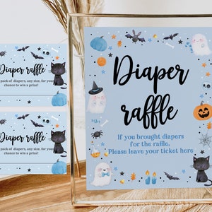 Halloween Baby shower Diaper raffle sign and ticket Blue Ghost game Diaper raffle Boo Cute Ghost Digital Editable Printable Download Haba5