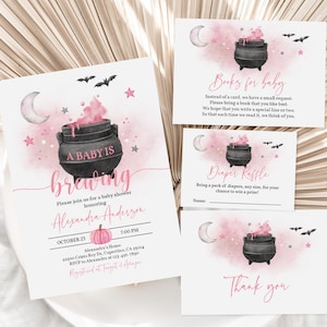 A Baby is Brewing Halloween Baby Shower Invitation Pack Halloween Invite set Witch Girl Cute Fall Autumn Editable Printable Download Haba1