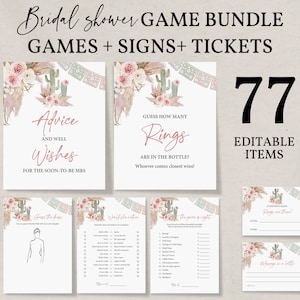 Könnte beinhalten: Ein Brautparty-Spielpaket mit Schildern, Tickets und Spielen. Das Paket enthält Spiele wie "Ratschläge und gute Wünsche" und "Errate, wie viele Ringe". Das Design zeigt Blumen- und Kaktusillustrationen mit dem Text "77 bearbeitbare Artikel".