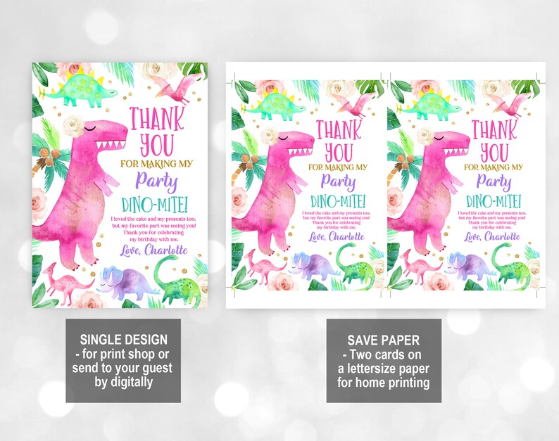Dinosaur Birthday Thank You Cards Girl Dino Party Thank You Etsy