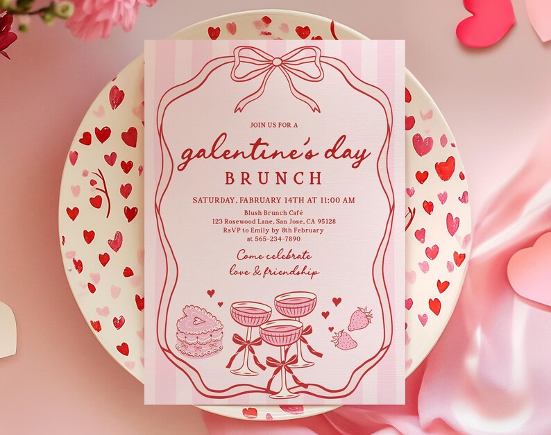 May include: A pink invitation for a Galentine's Day brunch, featuring a striped background and a decorative frame. The invitation includes the date, time, location, and RSVP information. The invitation is on a heart-decorated plate.