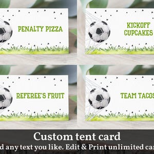 Voetbal Verjaardag Voedseletiketten Voetbalfeest Voedsel Tentkaart Plaatskaart Tafeldecoratie Jongen Kinderen Meisje Afdrukbare Direct bewerkbare Download Bir245