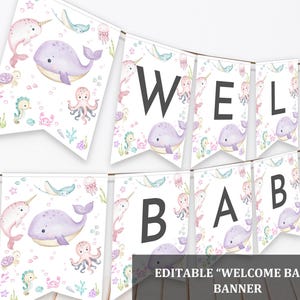 Under the sea Banner Editable Ocean Baby Shower Bunting Welcome Baby Printable Garland Under the sea Decoration Nautical Blue Boy Bab324