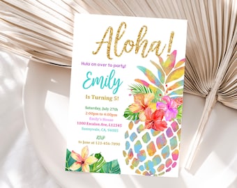 Pineapple Birthday Invitation Tropical Party Invite Luau Hawaiian Invitation Rainbow Gold Summer Digital Printable Editable Download Bir130