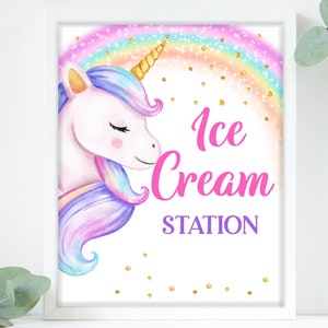 Unicorn Ice Cream Station Sign Birthday Party Table Sign Rainbow Gold Glitter Summer Party Decoration Printable Download Bir249