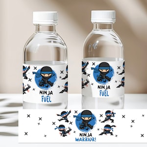 Étiquettes de bouteille d'eau Ninja bleu Arts martiaux Emballages de bouteille d'eau Ninja fête d'anniversaire de Ninja étiquette de fête de karaté modifiable imprimable téléchargement Bir385