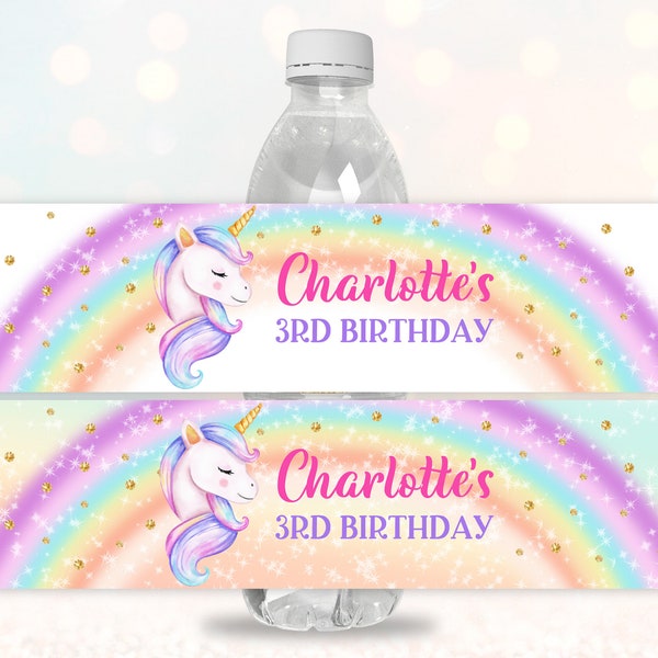 Unicorn Birthday Water bottle label Rainbow Party Water bottle wrapper Gold Glitter Girl Magical EDITABLE Printable Download Bir249