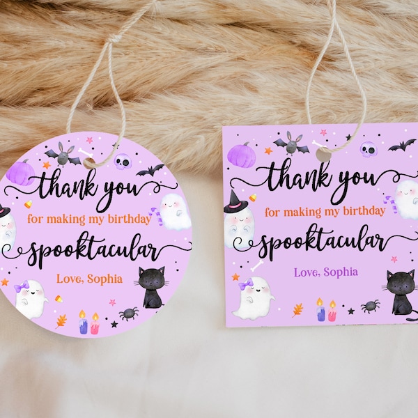 Editable Halloween Birthday Thank You Favor Tags Label Costume Party Girl Purple Spooktacular Ghost Stickers Digital Printable Download Hab4