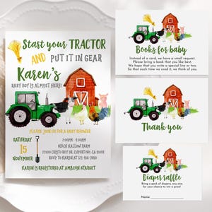 Traktor Babypartyeinladungssatz Bauernhof Babypartyeinladungssatz Barnyard Traktor-Junge Digital bearbeitbarer Download Druckbare Bab9