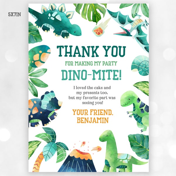 Dinosaurio cumpleaños gracias tarjeta lindo Dino gracias nota Park Boy Jungle T-Rex imprimible editable Descargar Bir227