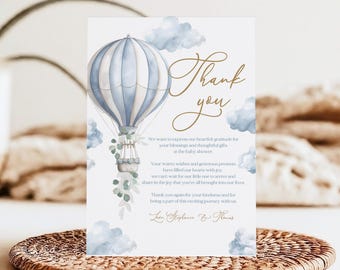 Baby Shower Thank You Card: Blue Balloon, Bear Illustration - Editable Text Bab375