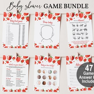 Paquete de juegos para baby shower con diseño de fresas, paquete de juegos para baby shower con diseño de fresas rojas, editable, imprimible, descarga Bab181