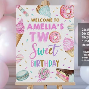Deux affiches de bienvenue pour deux anniversaires, affiche de bienvenue pour le 2e anniversaire, enseigne à dessert, crème glacée, bonbons, beignet, édition imprimable, téléchargement Bir338