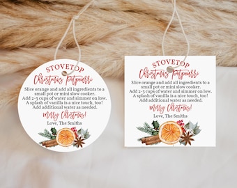 May include: Two white gift tags with red and black text that reads "Stovetop Christmas Potpourri". The tags include instructions for making potpourri and a festive illustration of an orange slice, cinnamon sticks, and greenery.