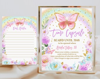 May include: A printable time capsule sign with a pink butterfly and floral design. The sign says "Time Capsule" and "Sealed Until 2048 to be opened when [Name] turns 18".