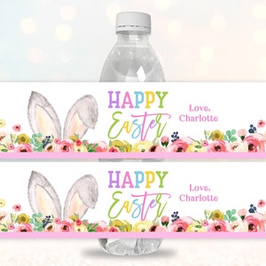 Osterhase Wasserflasche Etikett Ostern Party Wrapper Kinder Schule Geschenkanhänger Mädchen Rosa Blumen Frühling Gunst Bearbeitbar Druckbar Download Ea3
