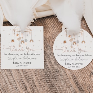 Bewerkbare Boho baby shower gunst label wieg mobiel bedankt sticker Boho babyshower cadeau tag ronde sticker strooi afdrukbare Bab200