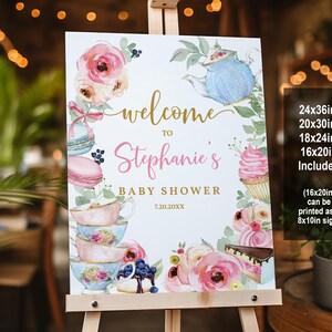 Editable Tea Baby Shower Welcome Sign Baby is Brewing Floral Pink Gold Whimsical Girl Shower Boho Garden Party Decoration Printable Bab147