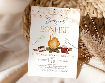 Rustic Bonfire Party Invitation: Backyard BBQ, S'mores (Digital Download, 5x7in Canva Template) PI39