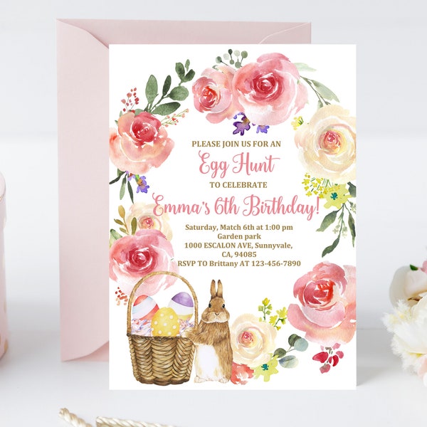 Bunny Birthday Invitation Easter Egg Hunt Party Invite Girl Floral Spring 1st First Boho Digital Editable Printable Download Bir100