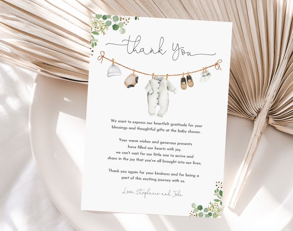 Boho Baby Shower Thank You Card - Gender Neutral Greenery Design Bab235 ...