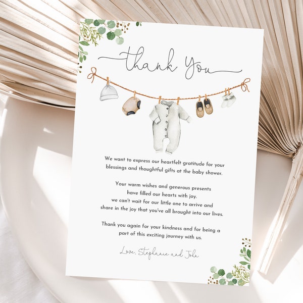 Gender Neutral Baby Clothes Baby shower Thank you card A sweet baby Laundry Greenery Boho Baby Thank you note Editable Printable Bab235