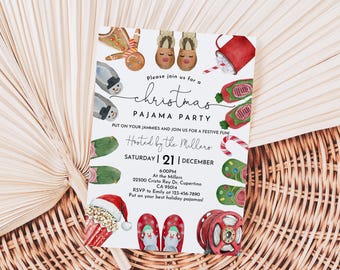 Christmas Pajama Party Invitation: Editable Holiday Movie Night Invite ChI39