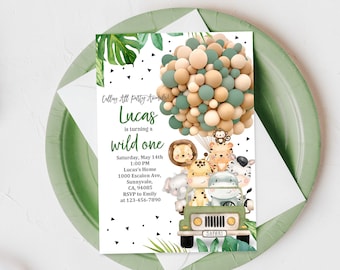 Safari Birthday Invitation Wild One Party Invite Jungle Animals Jeep Truck Boy 1st Tropical Greenery Printable Editable Download Bir297