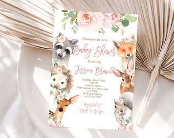 Baby Shower Invitation: Woodland Animals and Floral Design (Editable Bab149)