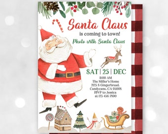 May include: A Christmas invitation with a watercolor illustration of Santa Claus, a gingerbread house, a snowman, and a reindeer. The text reads "Santa Claus is coming to town! Photo with Santa Claus SAT | 25 | DEC 11:00 AM The Miller's Home 2125 S Gingerbread, Candycane, CA 95008 RSVP to Jessica at 123-456-7890"
