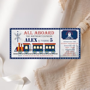 May include: A rectangular birthday invitation designed as a train boarding pass with a red, blue, and yellow locomotive graphic. It features the text ALL ABOARD THE BIRTHDAY EXPRESS, ALEX IS TURNING 5, and includes event details like date, time, and location.