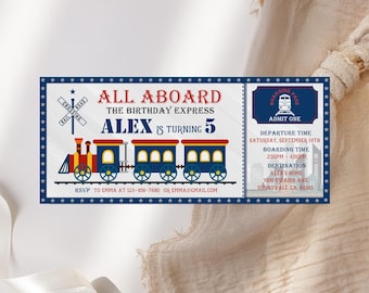 May include: A rectangular birthday invitation designed as a train boarding pass with a red, blue, and yellow locomotive graphic. It features the text ALL ABOARD THE BIRTHDAY EXPRESS, ALEX IS TURNING 5, and includes event details like date, time, and location.