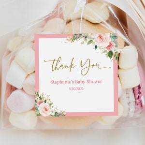 Blush Rosa Floral Favor Label Baby dusche Quadrat Danke Tag Label Aufkleber Mädchen Baby dusche Boho Editierbar Druckbare Download Bab158