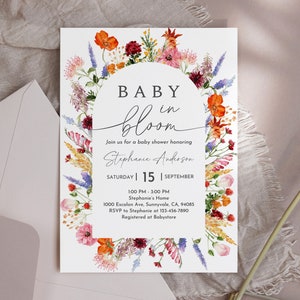 Baby in bloei uitnodiging babyshower uitnodiging wilde bloemen babyshower lente zomer bloemen wilde bloemen uitnodiging bewerkbare afdrukbare