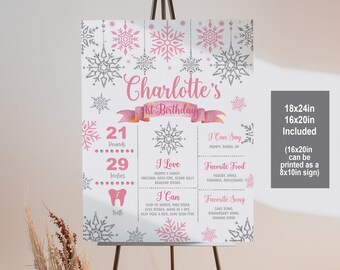 May include: A pink and silver first birthday milestone poster with a snowflake theme. The poster includes the name Charlotte, the age 1, and details about the child's growth, including weight, height, and number of teeth. The poster also includes the child's favorite things, such as food, songs, and words they can say.