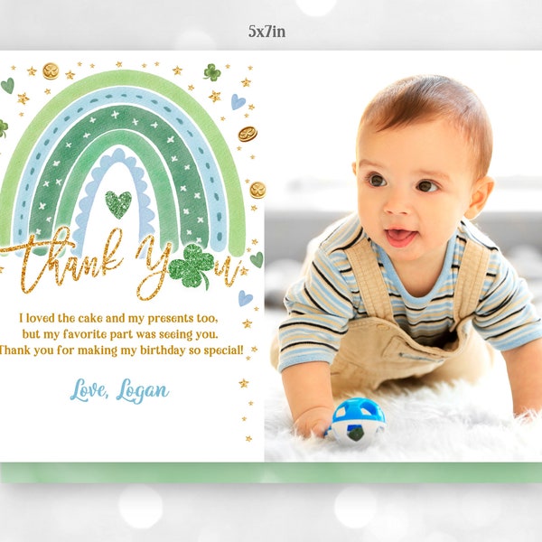 St. Patrick's Day Birthday Thank You Card St Patricks Day Thank You Note Photo Rainbow Shamrock Clover Boy Instant Editable Printable SpI2