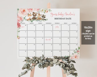May include: A printable 16x20 inch sign featuring a floral design and woodland animals. The sign is a calendar with the text "Guess baby Amelia's Birthday Date" and a calendar grid for June and July.