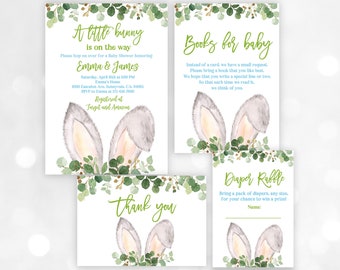 Baby Shower Invitations: Bunny Rabbit Theme, Greenery Style (Printable Editable)