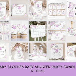Editable Baby Clothes Baby shower Bundle Laundry party Purple floral Invite Package A sweet baby Girl is on his way Set Printable Bab236