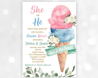 Uitnodiging voor een gender reveal party met ijsjes - Blauw en roze, bewerkbaar ontwerp Bab94