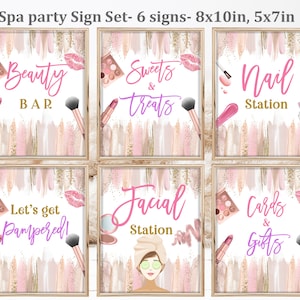Spa Birthday Party Table Sign Set Makeup Party Sign Glam Party Sign Sleepover Slumber Party Decor Digital Editable Printable Download Bir309