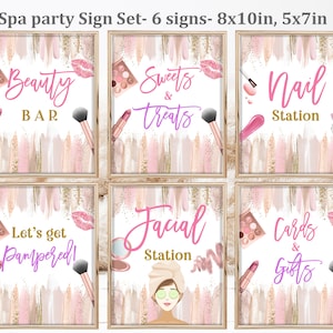 Spa Birthday Party Table Sign Set Makeup Party Sign Glam Party Sign Sleepover Slumber Party Decor Digital Editable Printable Download Bir309