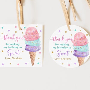 Etichetta modificabile di ringraziamento per il compleanno del gelato Etichette regalo per gelato Etichette adesive per bomboniere Etichette di ringraziamento per ragazza Rosa Viola Stampabile Bir366 Bir382 Bir381